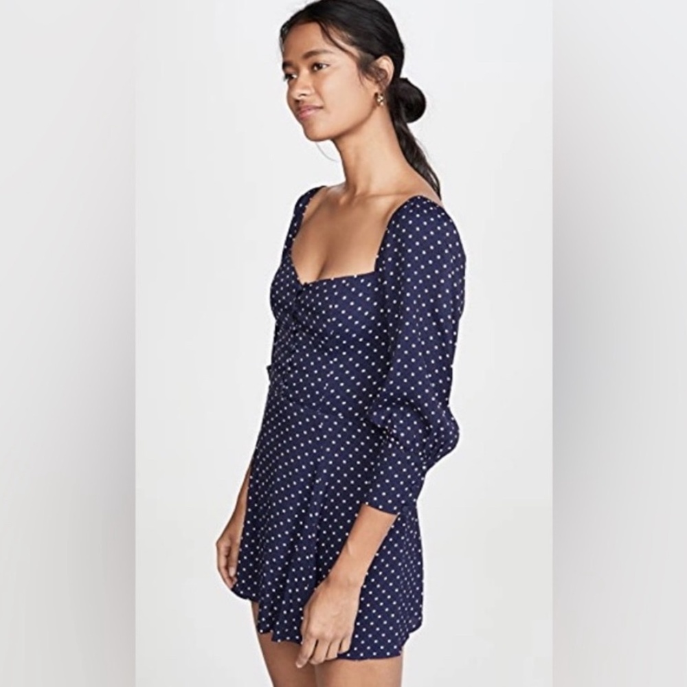 Reformation Lumiere Dress Sz 0 Navy Tan Polka Dot